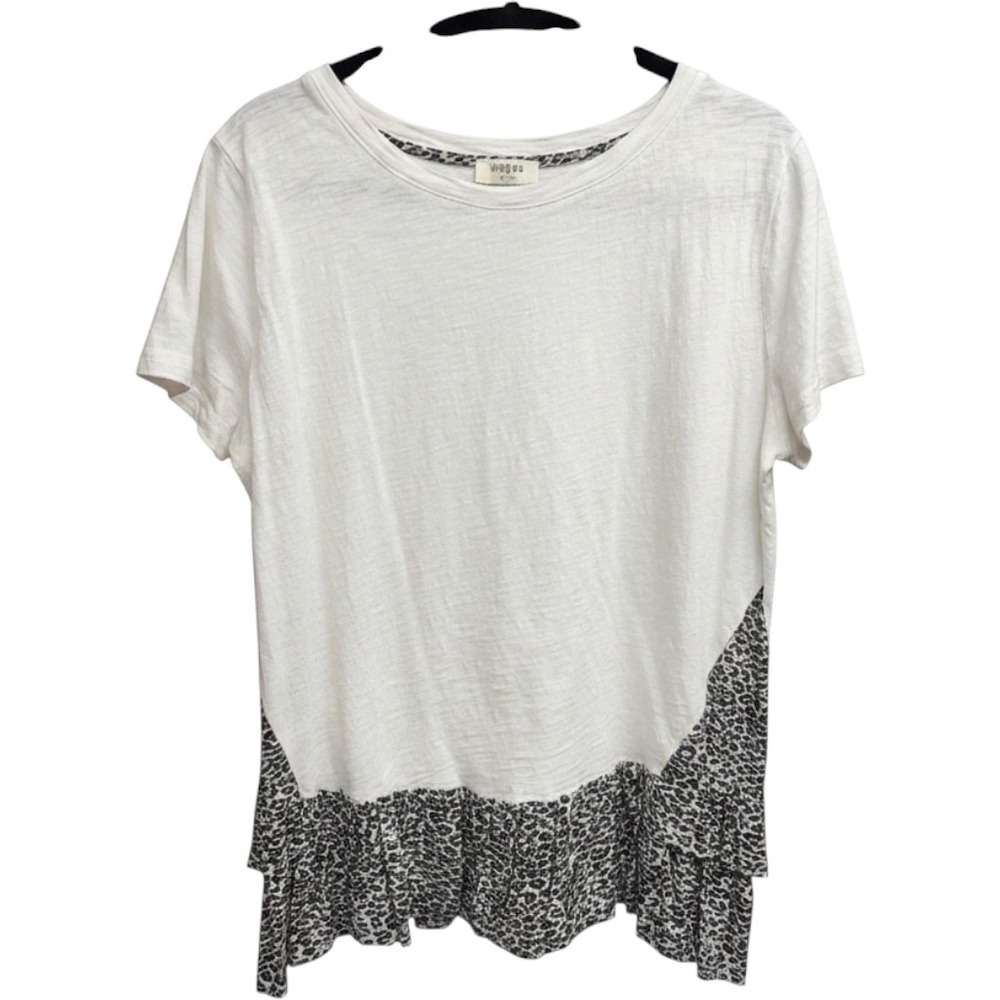 Umgee USA White Leopard Print Ruffle Hem Top Short Sleeve Size Medium